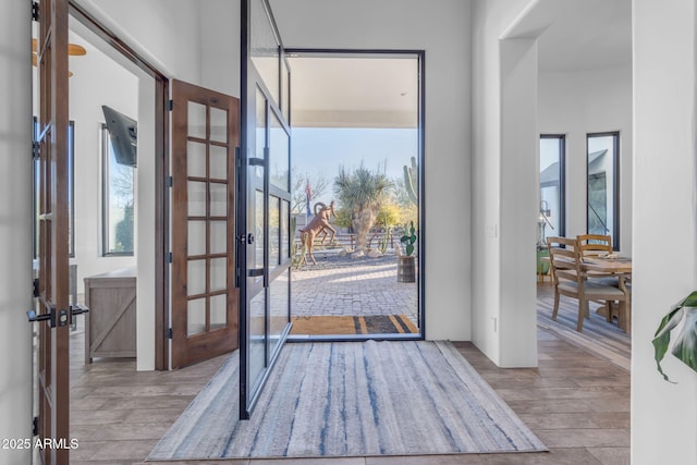 entrance foyer with french doors, a healthy amount of sunlight, and light hardwood / wood-style flooring