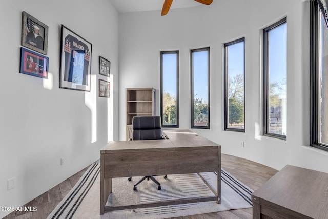 home office with ceiling fan and light hardwood / wood-style floors