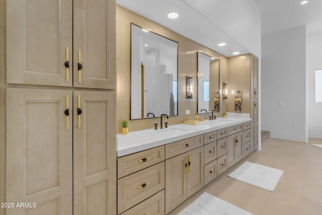 bathroom with walk in shower and vanity