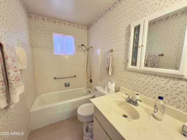 bathroom featuring toilet, wallpapered walls, shower / bath combination, and vanity