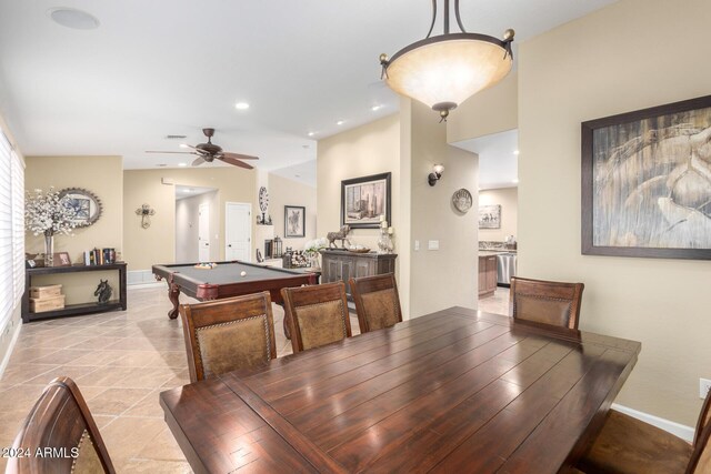 tiled dining space featuring ceiling fan and billiards