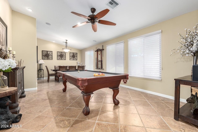 game room featuring a wealth of natural light, ceiling fan, vaulted ceiling, and billiards