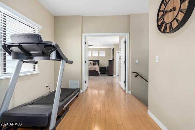 exercise room with light hardwood / wood-style flooring and a healthy amount of sunlight