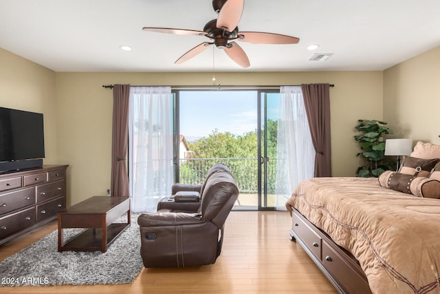 bedroom with access to outside, ceiling fan, and light hardwood / wood-style floors