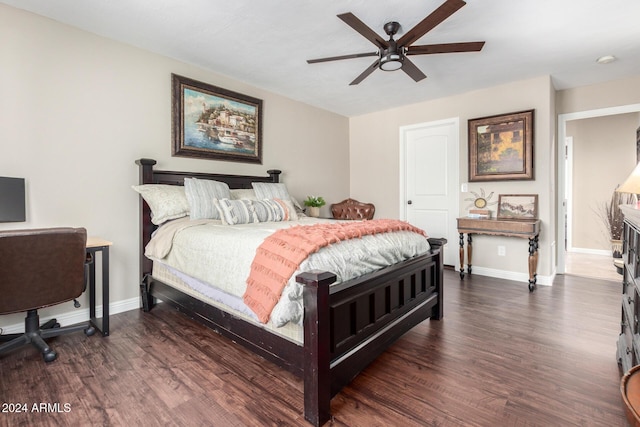 bedroom featuring ceiling fan and dark wood-type flooring