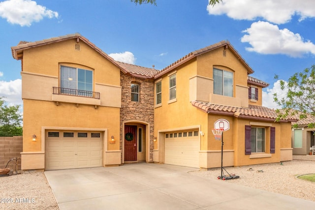 2986 E Country Shadows St, Gilbert, AZ 85298 - mediterranean / spanish-style home with a garage, a tiled roof, stucco siding, concrete driveway, and stone siding
