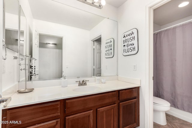 2986 E Country Shadows St, Gilbert, AZ 85298 - bathroom with toilet, vanity, tile patterned flooring, and a shower with curtain