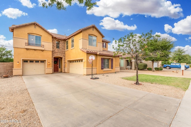 2986 E Country Shadows St, Gilbert, AZ 85298 - mediterranean / spanish home featuring stucco siding, a garage, a tiled roof, driveway, and stone siding