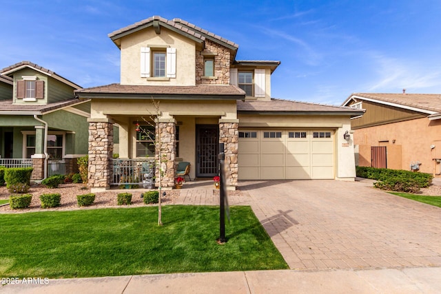 view of front of house featuring stone siding, a porch, decorative driveway, and stucco siding