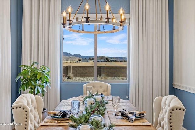 dining space with a mountain view