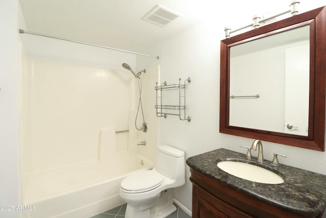 bathroom featuring visible vents, toilet, vanity, tile patterned flooring, and shower / bathtub combination