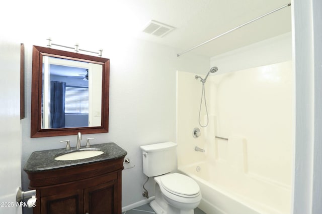 full bath with visible vents, baseboards, toilet, shower / bathtub combination, and vanity