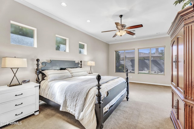 bedroom featuring recessed lighting, baseboards, crown molding, and light colored carpet