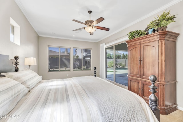 bedroom featuring a ceiling fan, access to outside, light carpet, and crown molding