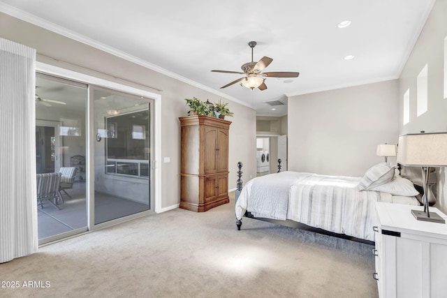 bedroom with access to exterior, washer / clothes dryer, light colored carpet, and crown molding