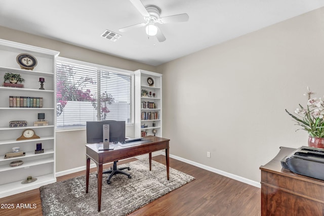 office featuring a ceiling fan, baseboards, visible vents, and dark wood-style flooring