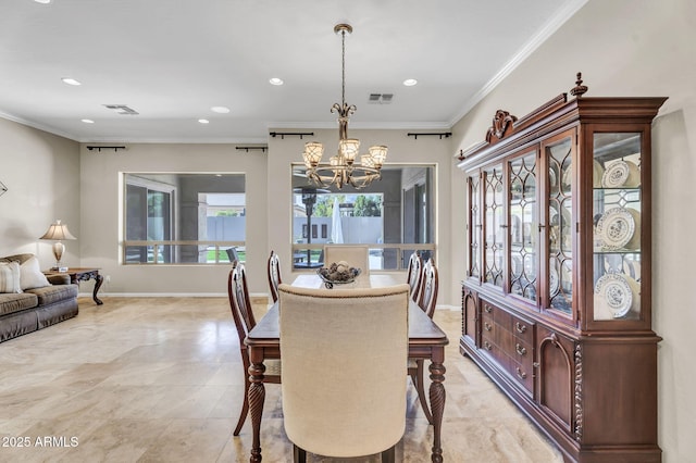 dining room with recessed lighting, a notable chandelier, crown molding, and baseboards