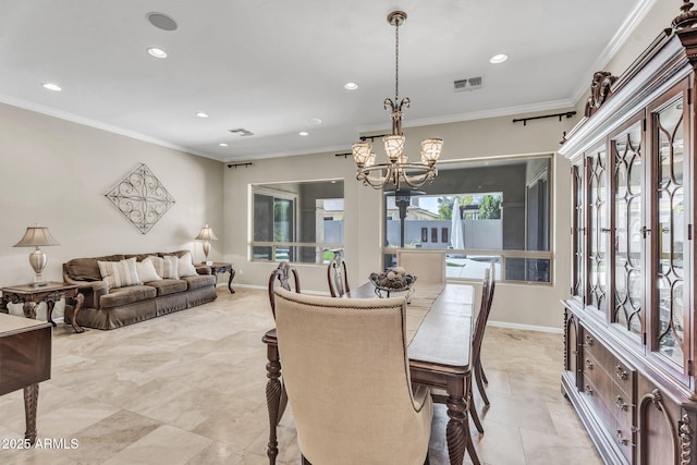 dining area with recessed lighting, visible vents, baseboards, ornamental molding, and an inviting chandelier