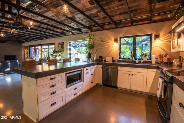 kitchen with appliances with stainless steel finishes, sink, a wealth of natural light, and white cabinets