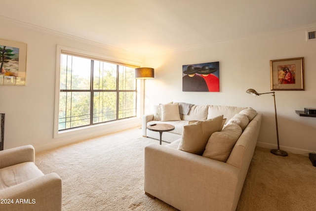 living room with carpet floors, crown molding, and a healthy amount of sunlight