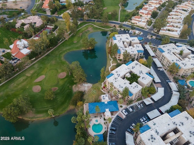 bird's eye view with a water view