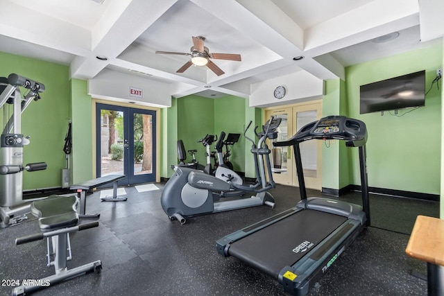 exercise room featuring ceiling fan, coffered ceiling, and french doors