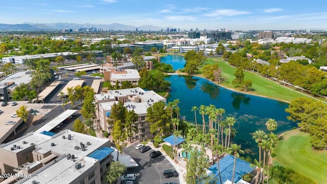 bird's eye view featuring a water and mountain view