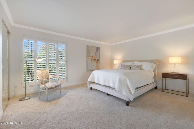 carpeted bedroom with crown molding