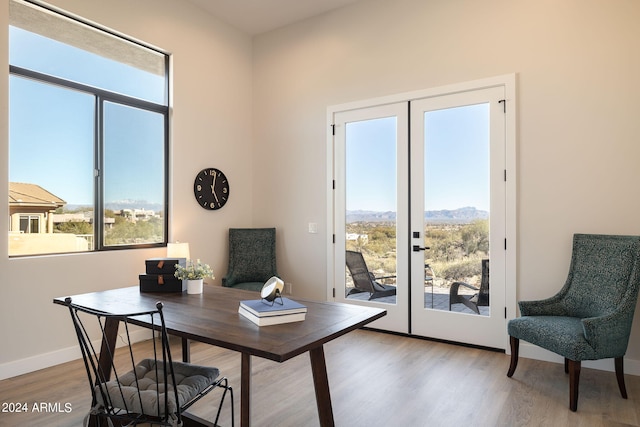 office featuring french doors and light hardwood / wood-style floors