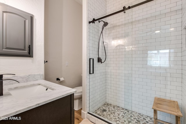 bathroom with a stall shower, vanity, and toilet