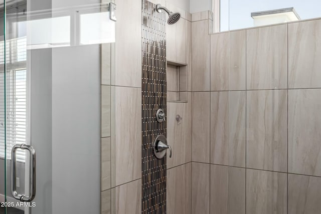 details with a shower with shower door