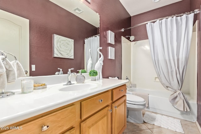 full bathroom featuring visible vents, toilet, shower / tub combo with curtain, tile patterned flooring, and vanity