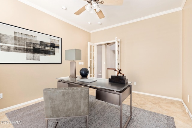 office area featuring ceiling fan, baseboards, tile patterned flooring, and ornamental molding