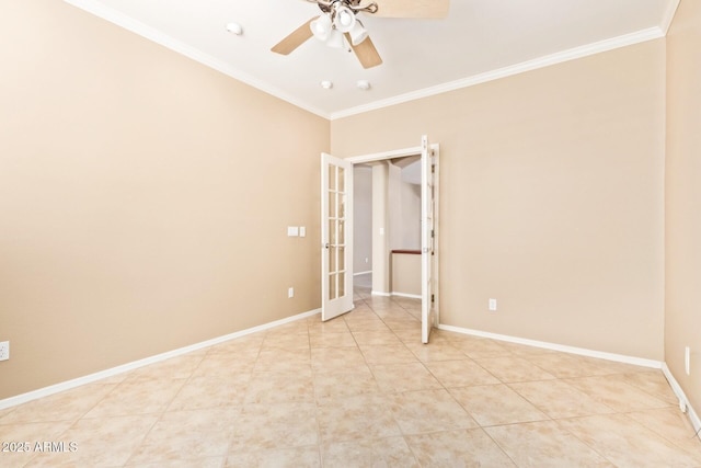 unfurnished bedroom with light tile patterned floors, french doors, baseboards, and ornamental molding