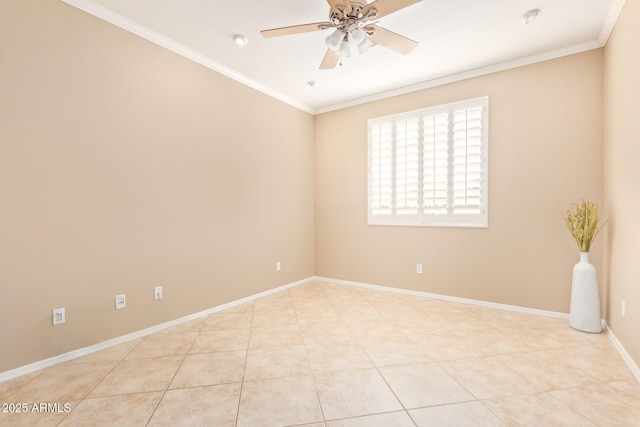 empty room with ceiling fan, light tile patterned floors, baseboards, and ornamental molding