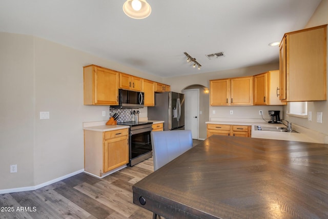 12720 W Cantenia Rd, Avondale, AZ 85392 - kitchen featuring stainless steel appliances, arched walkways, wood finished floors, tasteful backsplash, and light brown cabinetry