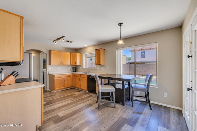 12720 W Cantenia Rd, Avondale, AZ 85392 - kitchen with dishwasher, light wood-style floors, arched walkways, light countertops, and light brown cabinetry