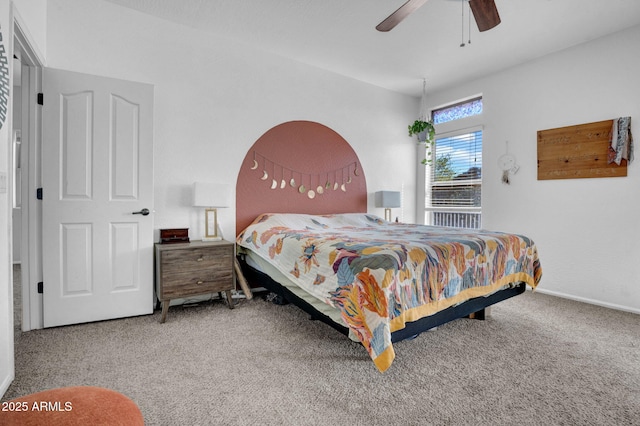 bedroom with baseboards, carpet floors, and ceiling fan