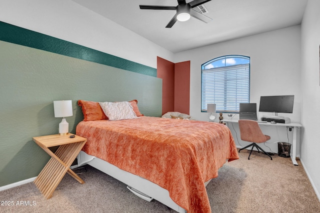 bedroom featuring visible vents, baseboards, carpet, and ceiling fan