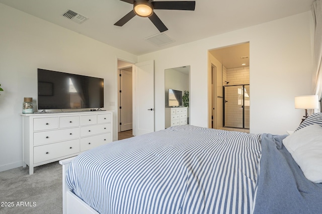 bedroom with visible vents, ceiling fan, and light carpet