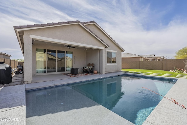 view of pool featuring a fenced in pool, a grill, a fenced backyard, and a patio