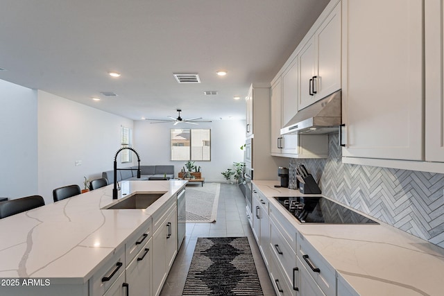 kitchen featuring light stone counters, under cabinet range hood, a sink, white cabinetry, and an island with sink