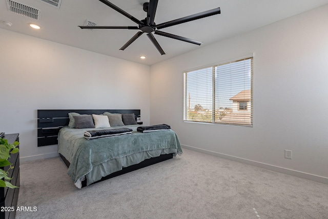 carpeted bedroom featuring baseboards, visible vents, ceiling fan, and recessed lighting