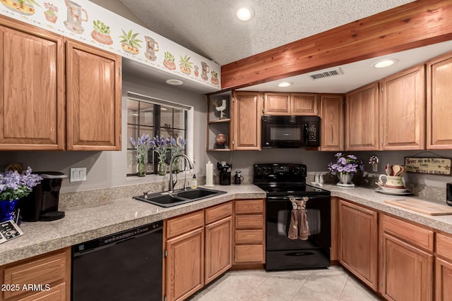 16249 E Stancrest Dr, Fountain Hills, AZ 85268 - kitchen with black appliances, a sink, recessed lighting, light countertops, and light tile patterned floors
