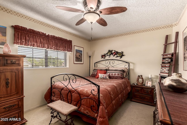 16249 E Stancrest Dr, Fountain Hills, AZ 85268 - bedroom featuring a textured ceiling, light carpet, and a ceiling fan
