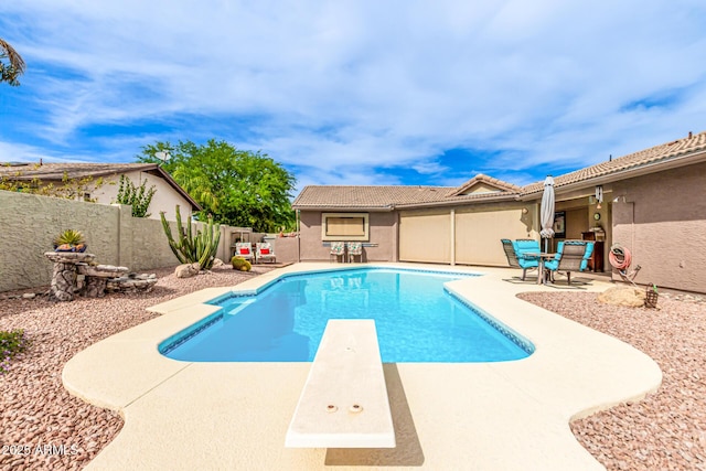 16249 E Stancrest Dr, Fountain Hills, AZ 85268 - view of pool featuring a patio area, a fenced backyard, and a diving board