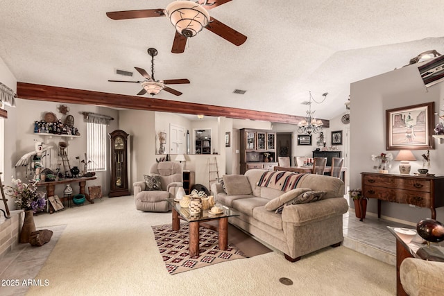 16249 E Stancrest Dr, Fountain Hills, AZ 85268 - living area featuring a ceiling fan, carpet, a chandelier, and a textured ceiling