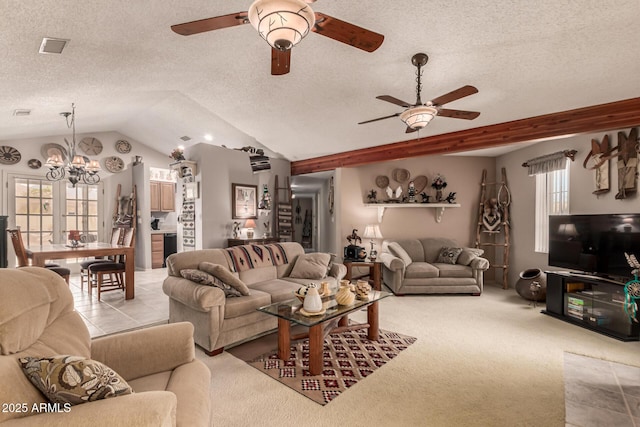 16249 E Stancrest Dr, Fountain Hills, AZ 85268 - carpeted living room featuring a ceiling fan, a chandelier, a textured ceiling, and lofted ceiling