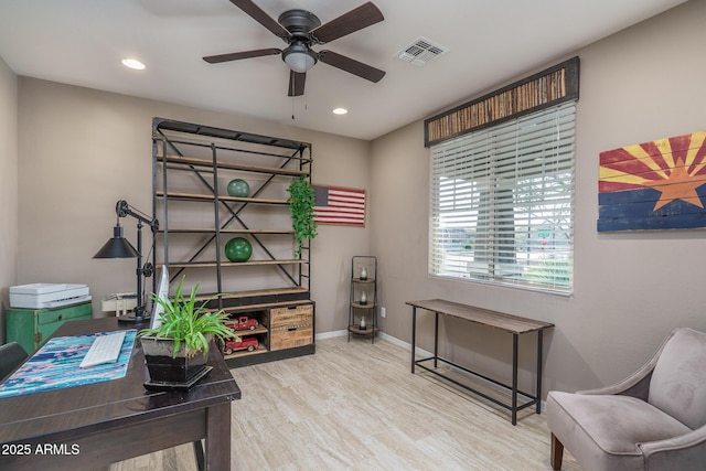 office with ceiling fan, recessed lighting, wood finished floors, visible vents, and baseboards