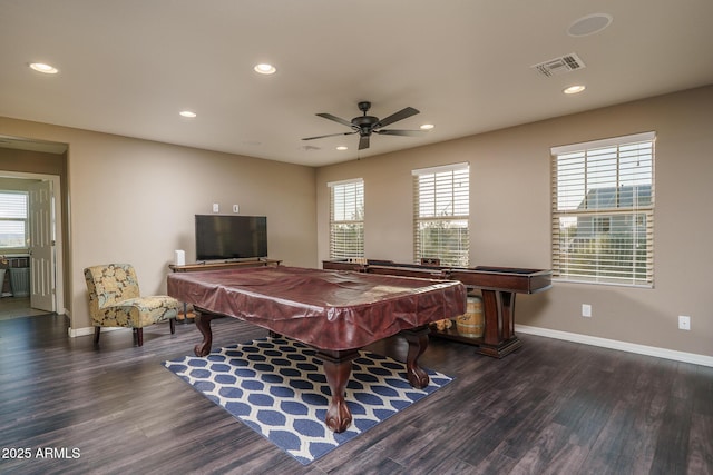 playroom with dark wood-style floors, visible vents, and recessed lighting